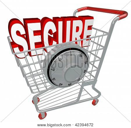 Picture or Photo of A shopping cart with the word Secure inside it and a combination lock symbolizing the protection provided by a website with security measures enacted