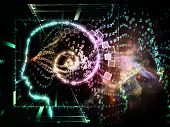 stock photo of future technology  - Interplay of outlines of human head technological and fractal elements on the subject of artificial intelligence computer science and future technologies - JPG 