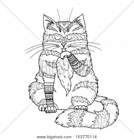 vector illustration of a doodle cartoon cat cute outline drawing of a cat licking his paw boho cat picture great for coloring book or t shirt print