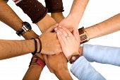 stock photo of team  - team with arms together in cooperation to look for success  - JPG 