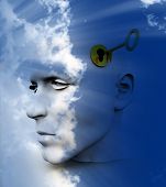 stock photo of mind  - a conceptual image of a key unlocking a mans mind good for images representing imagination and inspiration and intellect - JPG 