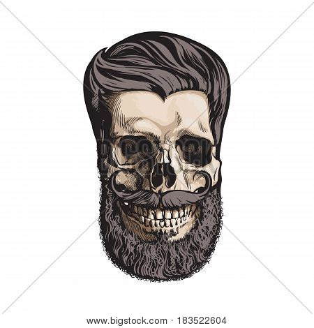 hand drawn human skull with hipster hairdo beard and moustache sketch style vector illustration