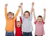 picture of kid  - Happy kids with their hands up isolated on white - JPG 