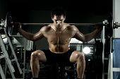 stock photo of sports  - very power athletic guy execute exercise with dumbbells in sport - JPG 