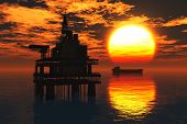 picture of sunset  - Sea Oil Platforms and Tanker in the sunset 3D render - JPG 