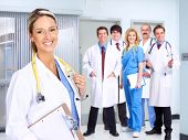 stock photo of medical doctors  - Smiling medical people with stethoscopes - JPG 