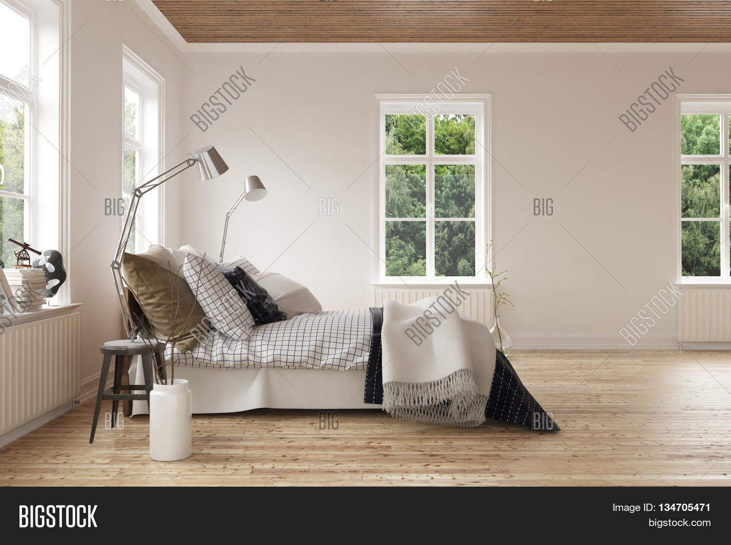 modern light airy bedroom interior with windows on all sides and a modern light airy bedroom interior with windows on all sides and a