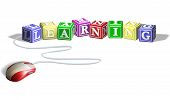 image of learning  - Mouse connected to alphabet letter blocks forming the word learning - JPG 