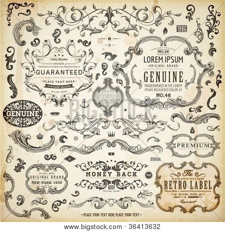 Picture or Photo of Vector set of calligraphic design elements: page decoration, Premium Quality and Satisfaction Guarantee Label, antique and baroque frames | Old paper texture with dirty footprints of a cup of coffee.
