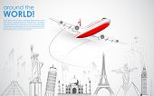 picture of transportation  - illustration of airplane flying over sketch of famous monument - JPG 