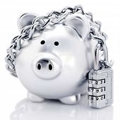 pic of money  - Silver piggy bank secured with padlock and chain - JPG 