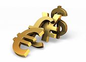 pic of currency  - Photo real illustration of major currency symbols tipping each other over like dominoes - JPG 