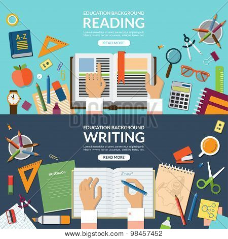 school and education reading and writing concept banner set flat