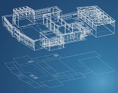 stock photo of plans  - Blueprint plan of school building in third view and basic - JPG 