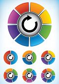 picture of segment  - Set of seven wheel diagrams with different colors and numbers of divisions or components with a central directional flow arrow to be used as a business presentation template - JPG 