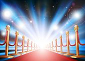 stock photo of entrance  - A grand entrance with red carpet velvet rope and photographers flash lights going off - JPG 