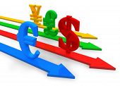 stock photo of currency  - Color symbols of different currencies on arrows isolated over white background - JPG 