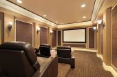 stock photo of home  - Home theater in luxury house with large TV screen - JPG 