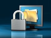 stock photo of security  - 3d illustration of a lock sitting in front of a computer display showing a file folder - JPG 