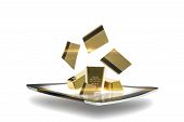 stock photo of investment  - Conceptual image of a modern portable computer tablet with gold bullion bars emitting from the surface of the screen representing online global commodity trade and investment using the gold standard - JPG 