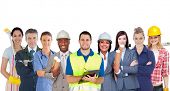 stock photo of group  - Group of smiling people with different jobs standing in line on white background - JPG 