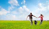 image of dog  - Young happy couple running on a green meadow with a black dog - JPG 
