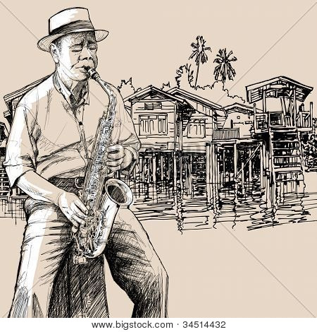 在河岸边演奏爵士乐萨克斯管吹奏者矢量图