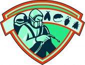 stock photo of mouse  - Retro Illustration of a pest control exterminator worker spraying with rat mice mouse flybugcockroach set inside shield on isolated white background - JPG 