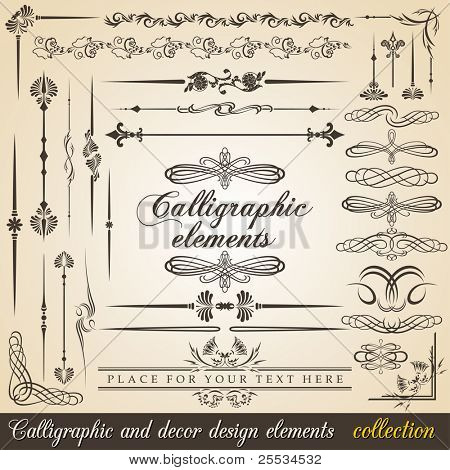 Picture or Photo of Calligraphic and decor design elements. Vector design corners, bars, swirls, frames and borders. Hand written retro feather symbols.