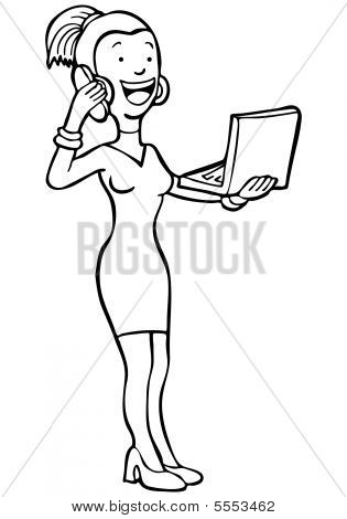 cartoon illustration of a girl talking on the phone carrying laptop computer 