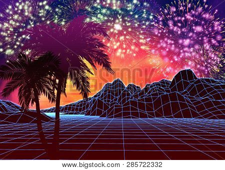 Poster: Vaporwave Landscape With Rocks And