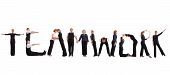 image of teamwork  - Group of young business people standing over white to form teamwork word - JPG 