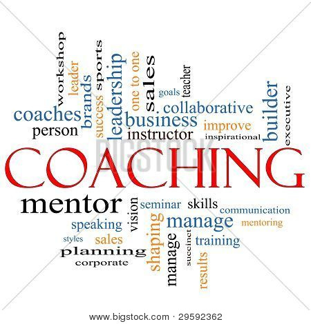 Picture or Photo of A Coaching word cloud concept with terms such as leader mentor seminar isntructor sports goals and more.