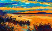 foto of rush  - Original oil painting showing beautiful lake with boatsunset landscape - JPG 
