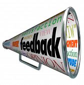 stock photo of satisfaction  - A megaphone or bullhorn with the word feedback and many related terms such as judgment - JPG 