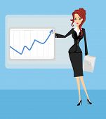 pic of rising  - Cartoon of a business woman pointing to rising business trends - JPG 
