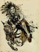 stock photo of horse  - Indian Chief riding a horse and jumping over a hurdle - JPG 
