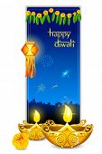 picture of religion  - illustration of burning diya with hanging lamp in diwali card - JPG 