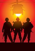 pic of leadership  - Vector silhouette of tree soldiers with helicopter on the background - JPG 