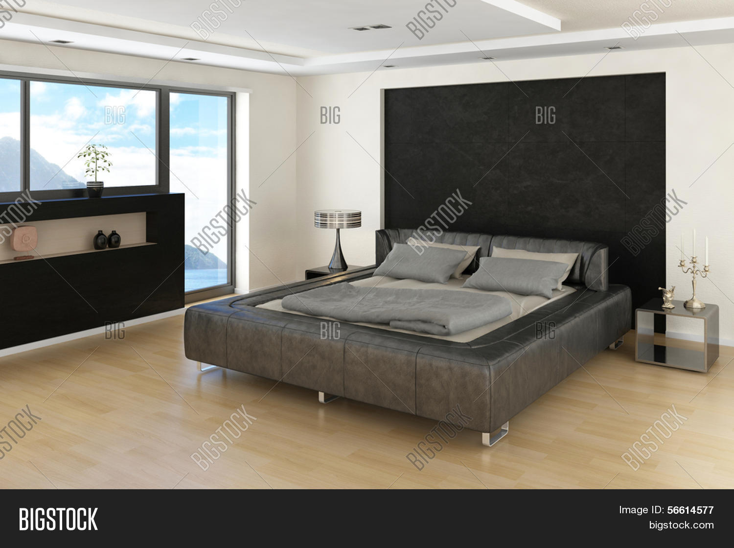 Moderne slaapkamer interieur met grijze bed met lakens en groot ...