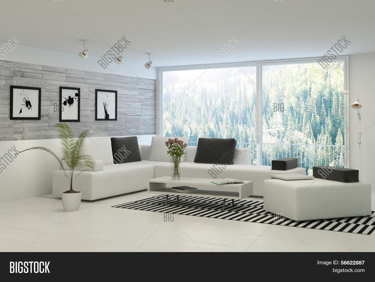 Moderne wohnzimmer mit groÃen fenstern und steinmauer“ stockfotos ...