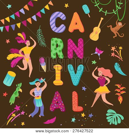 Brazil Carnival Festive Set With Dancing Characters Woman