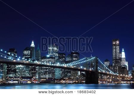Picture or Photo of Brooklyn Bridge and Manhattan Skyline At Night, New York City