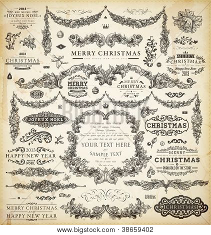 Picture or Photo of Christmas decoration collection | Set of calligraphic and typographic elements, frames, vintage labels, ribbons, borders, holly berries and Xmas balls. All ornaments for holiday invitation design.