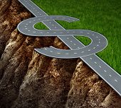 picture of money  - Financial cliff or fiscal risk and dangerous challenges regarding the risk in investing and finance management pit falls with a highway in the shape of a dollar symbol on the edge of a hazardous cliff - JPG 