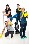 stock photo of teamwork  - Successful teamwork of cleaning services workers giving thumbs up - JPG 