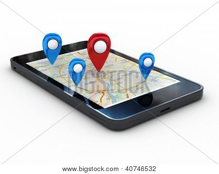 Picture or Photo of Smart phone with map and geolocation. 3d rendering image with clipping path