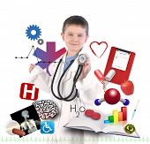 pic of health  - A child is wearing a doctor uniform with health and medical icons around the boy for an education career concept - JPG 