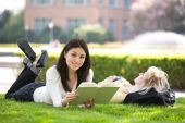 stock photo of college  - A shot of two college students studying on campus - JPG 