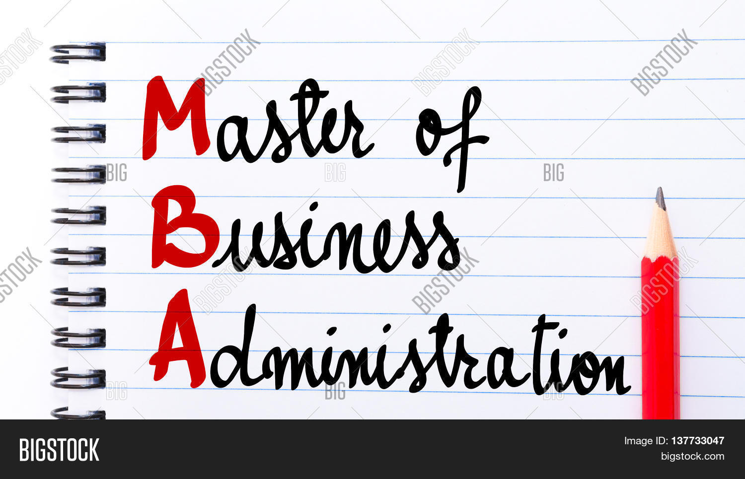 business administration written on notebook page with red pencil